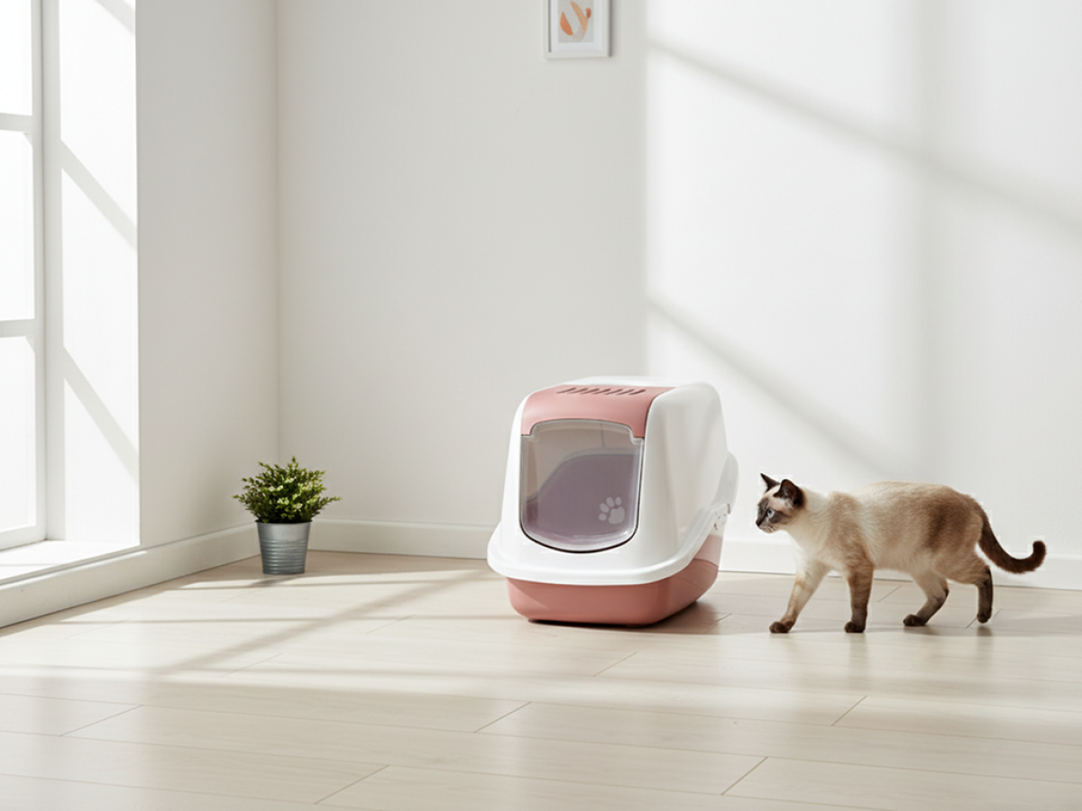 Savic Nestor Ash Rose cat litter box with white hood and carbon filter in home setting
