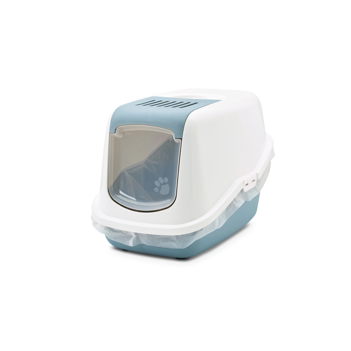 Savic Nestor Bluestone folding front cat litter box with white hood and carbon filter with Bag it Up Liner Maxi