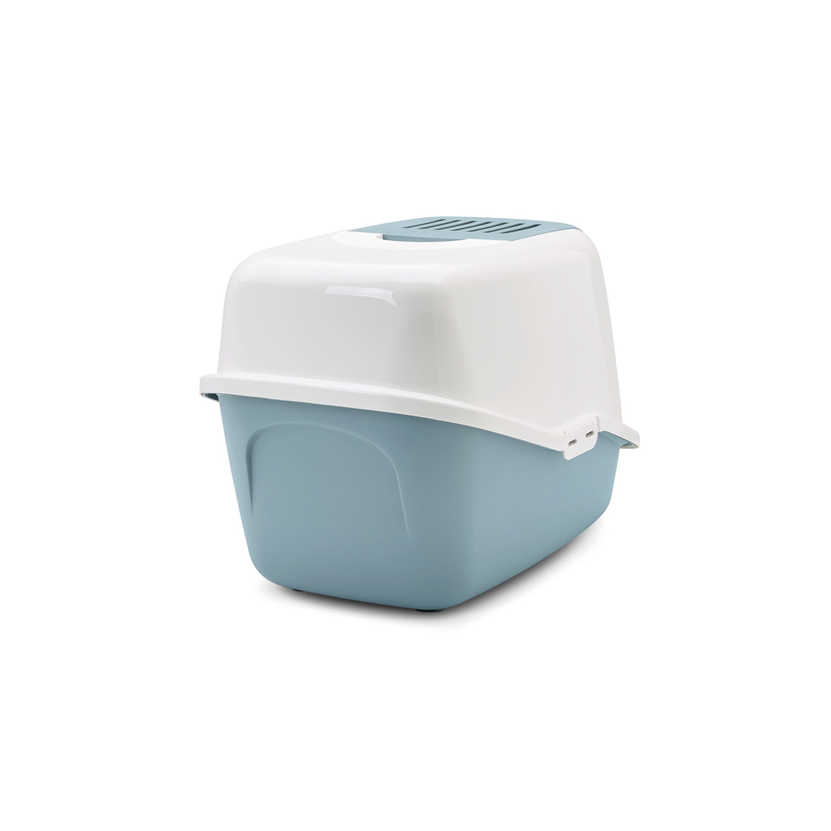 Savic Nestor Bluestone folding front cat litter box with white hood and carbon filter, back view