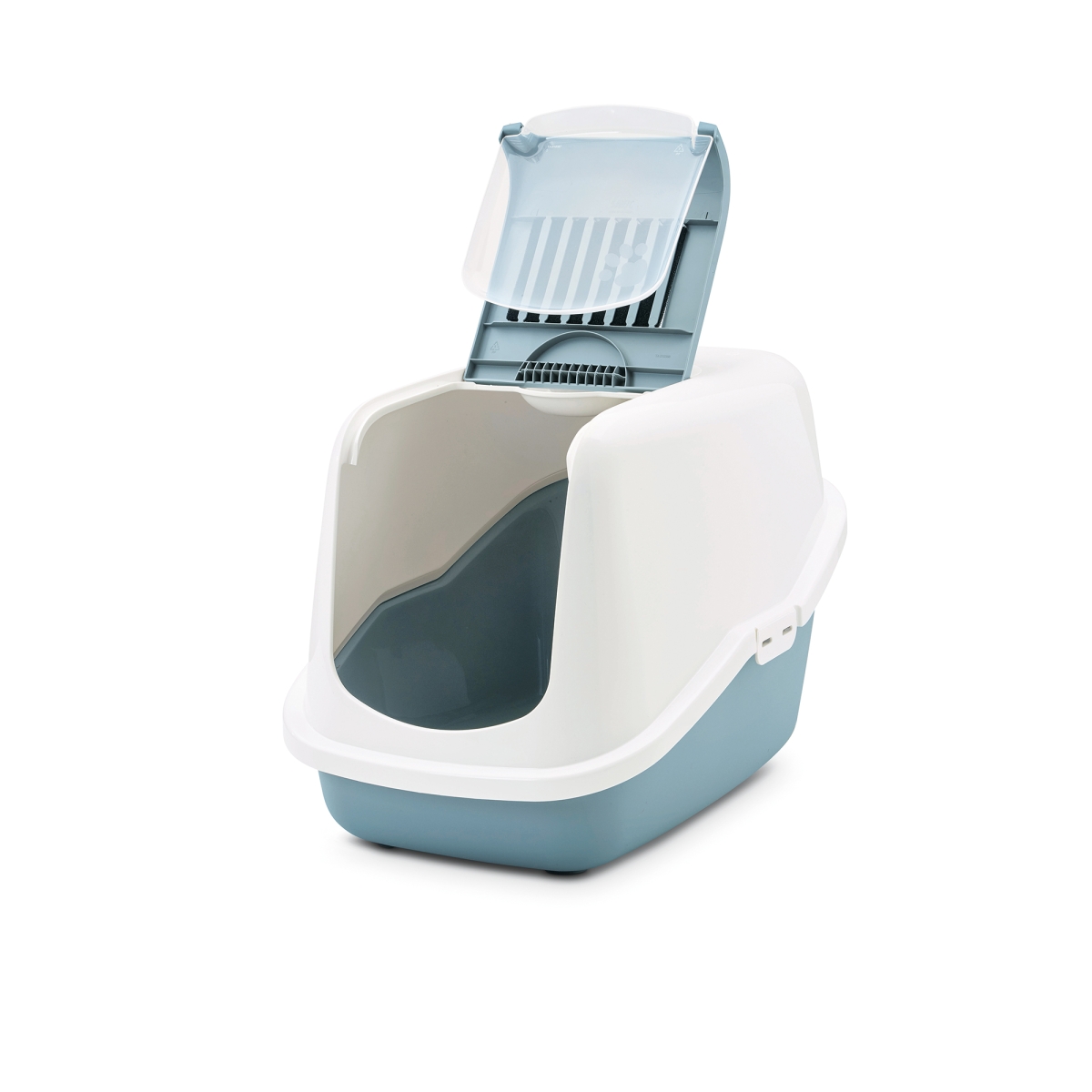 Savic Nestor Bluestone folding front cat litter box with white hood and carbon filter, open front