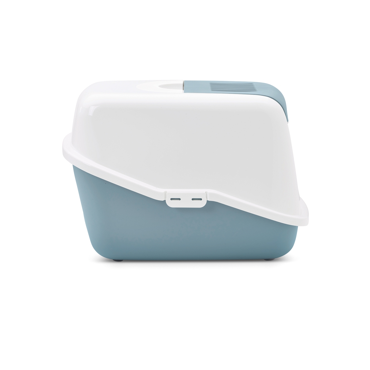 Savic Nestor Bluestone folding front cat litter box with white hood and carbon filter, side view