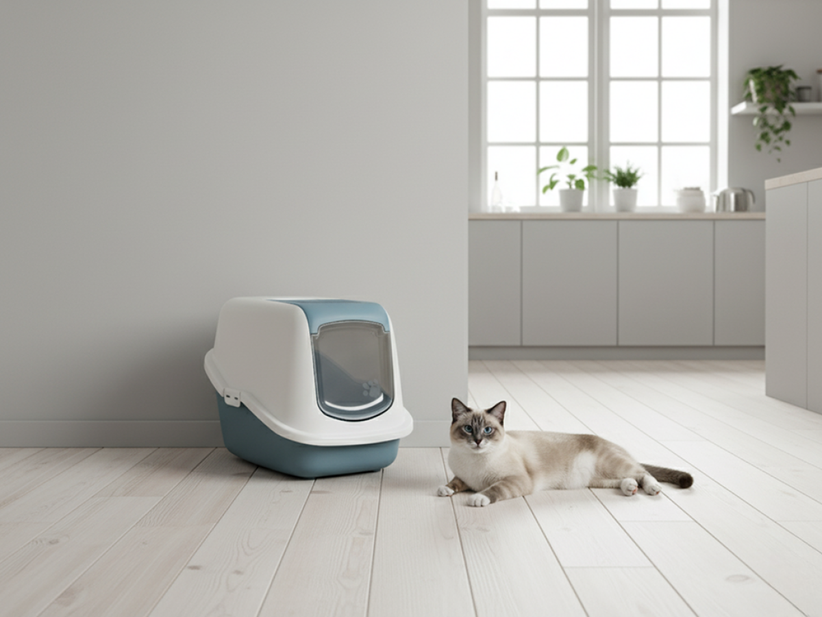 Savic Nestor Bluestone folding front cat litter box with white hood and carbon filter in home setting with cat