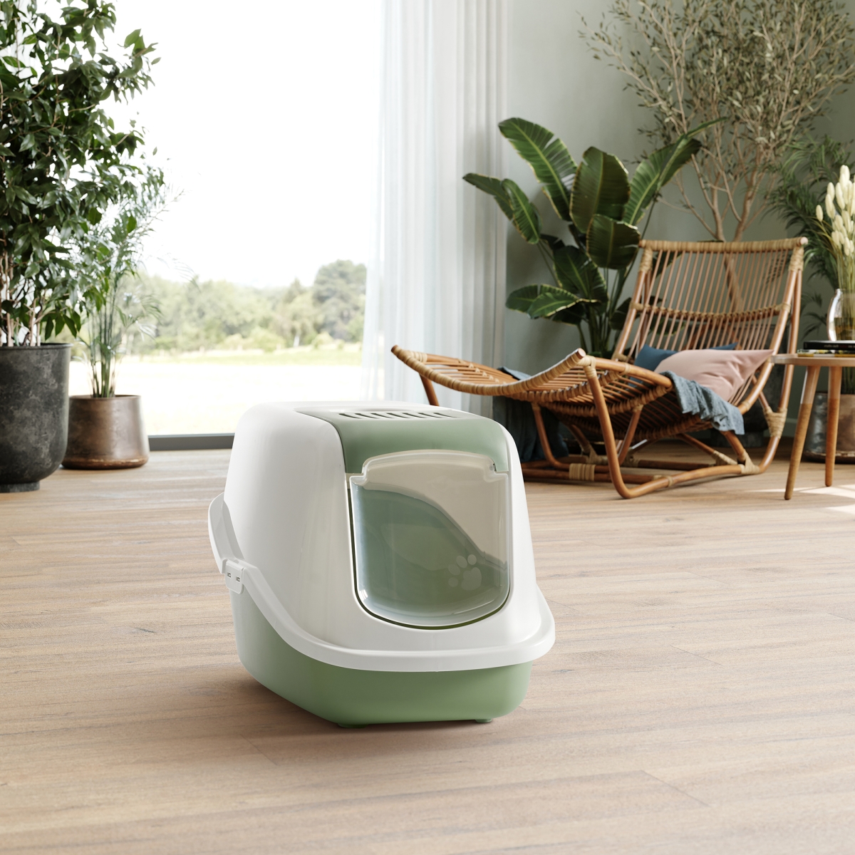 Savic Nestor Botanical Green folding front cat litter box with white hood and carbon filter in home setting
