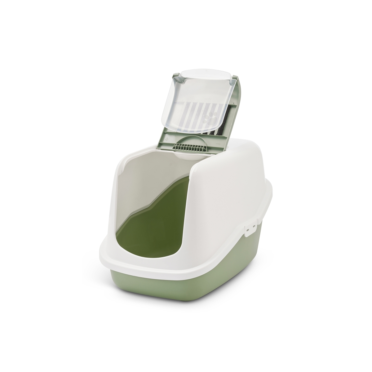 Savic Nestor Botanical Green folding front cat litter box with white hood and carbon filter open front
