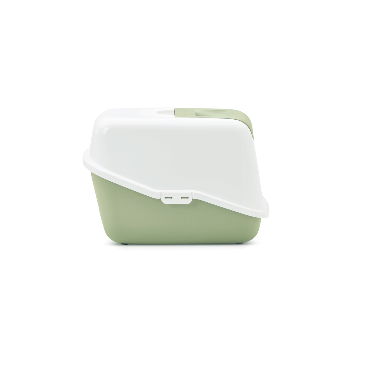 Savic Nestor Botanical Green folding front cat litter box with white hood and carbon filter, side view