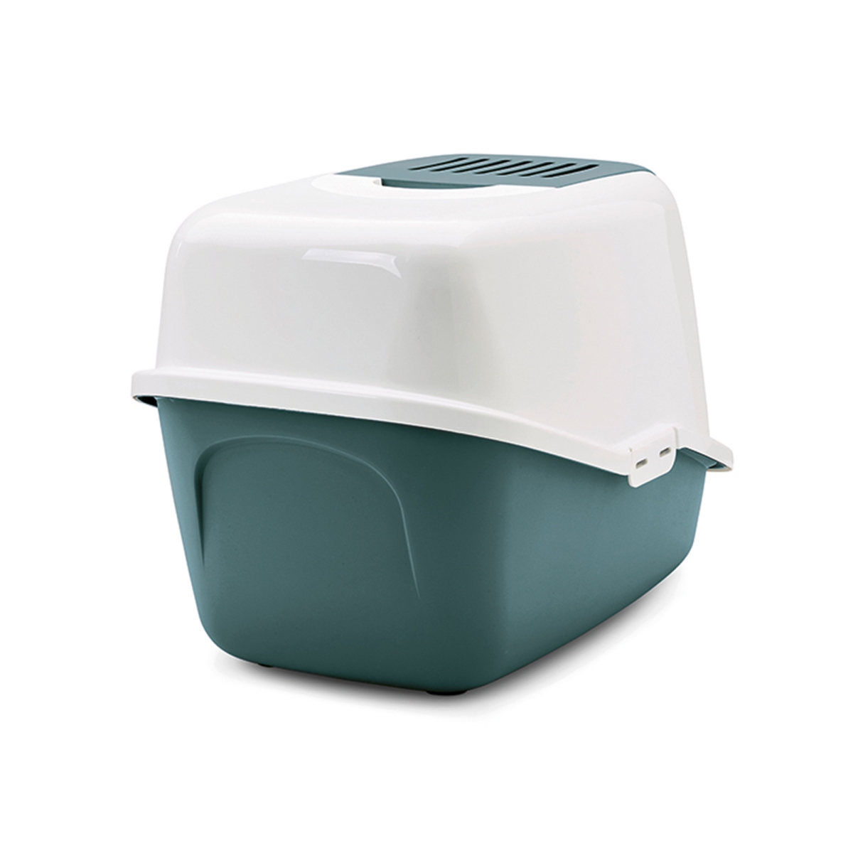 Savic Nestor Nordic Green folding front cat litter box with white hood and carbon filter back view