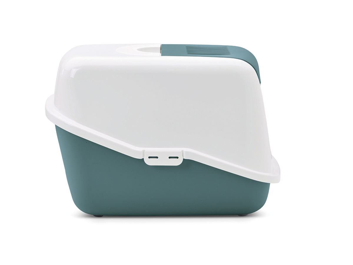 Savic Nestor Nordic Green folding front cat litter box with white hood and carbon filter side view