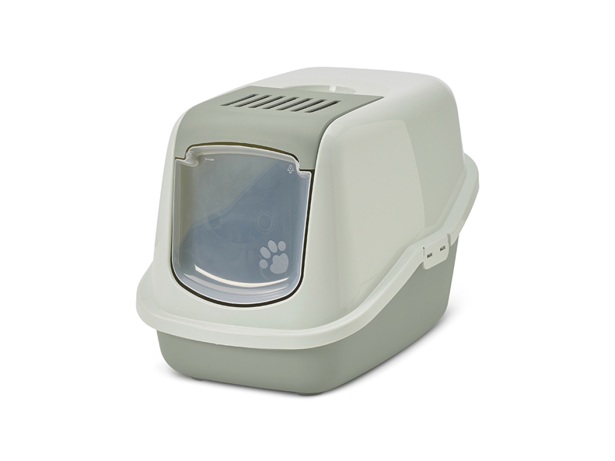 Savic Nestor covered cat litter box in eucalyptus green and mint cream with foldable front and swing door.