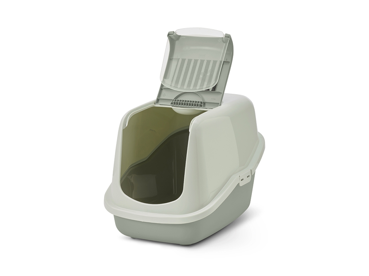 Savic Nestor covered cat litter box in eucalyptus green and mint cream with foldable front and swing door.