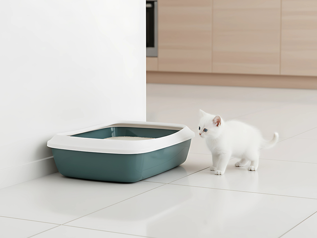White kitten in kitchen standing in front of Savic Iriz 42 cm Nordic Green cat litter tray with white rim and paw-patterned edge