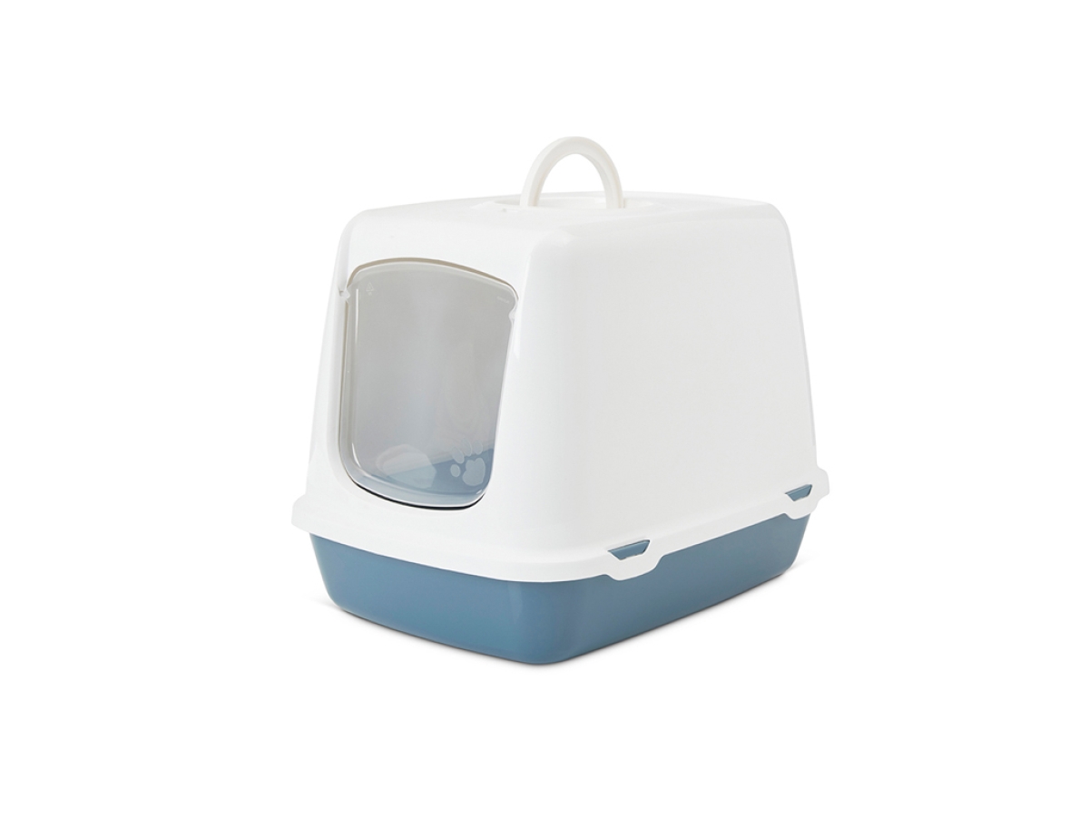 Savic Oscar Bluestone cat litter box with hood and swing door.