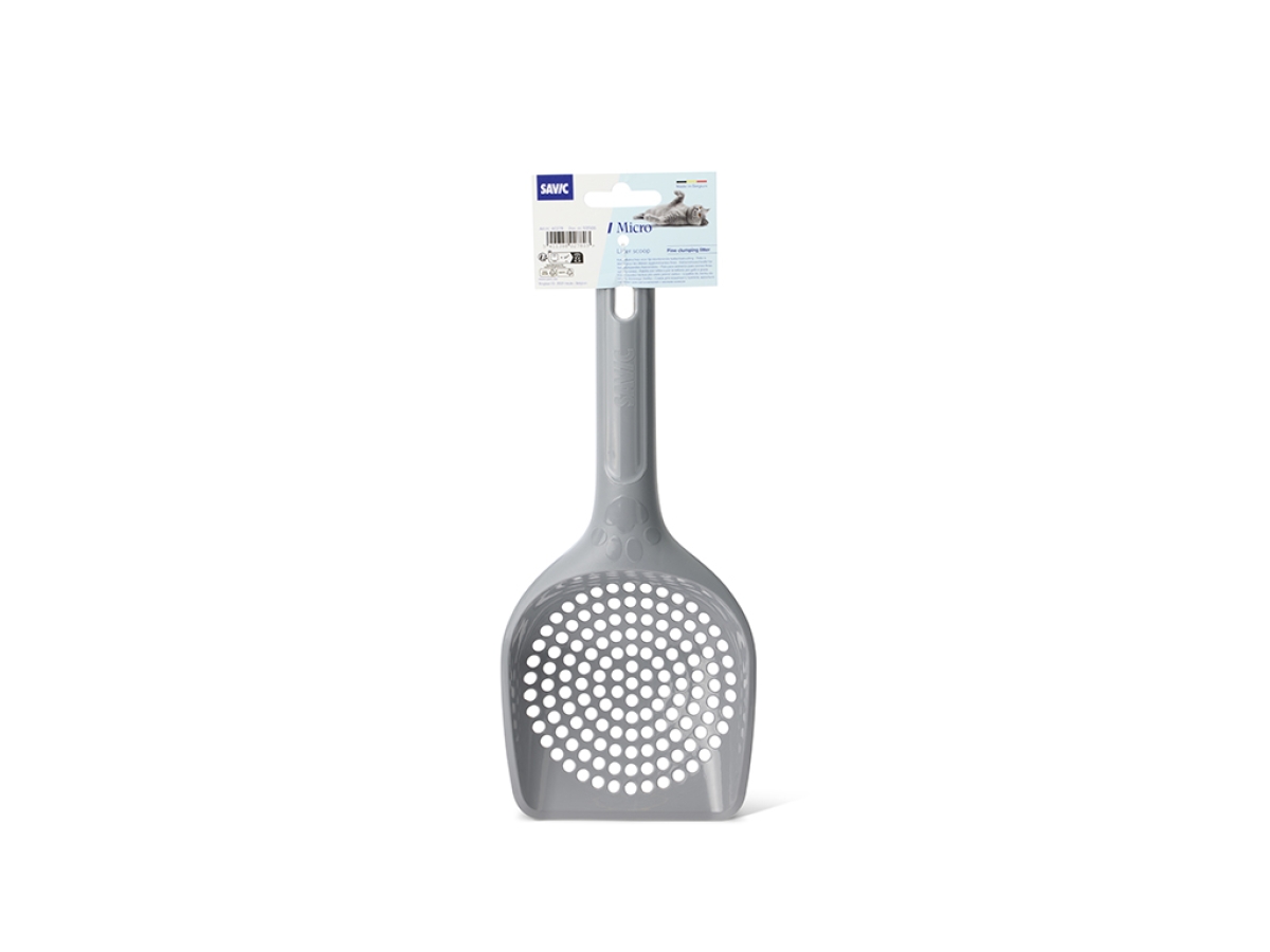Savic Micro cool grey litter scoop with closely spaced holes for fine clumping cat litter.