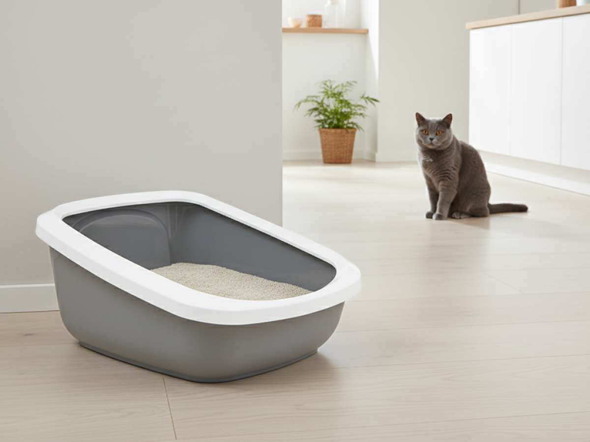Aseo Jumbo Cool Grey – Large High-Back Cat Litter Tray Savic Aseo Jumbo Cool Grey large high-back cat litter tray with white rim in home setting with cat