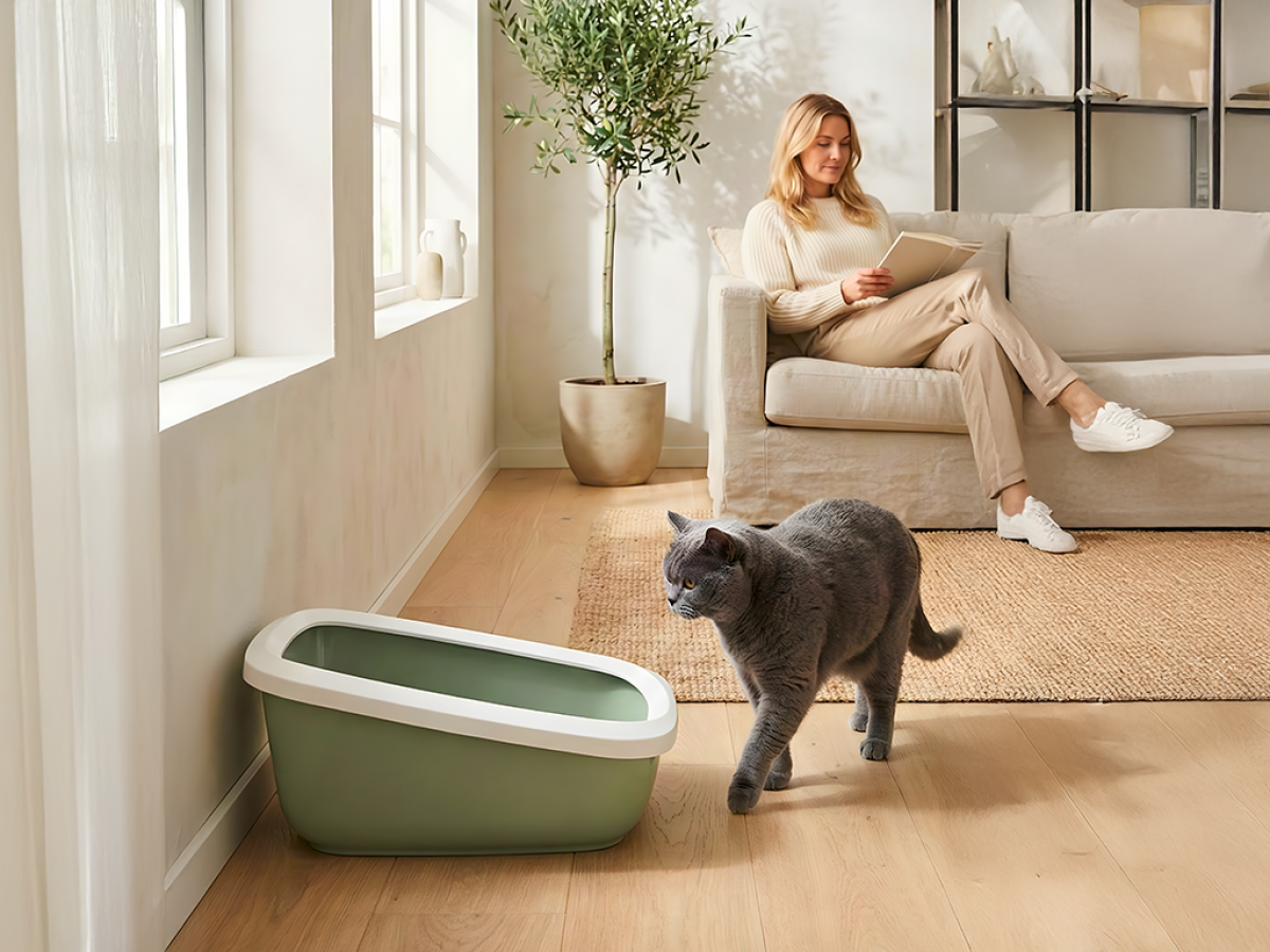 Savic Aseo Jumbo Botanical Green large high-back cat litter tray with white rim