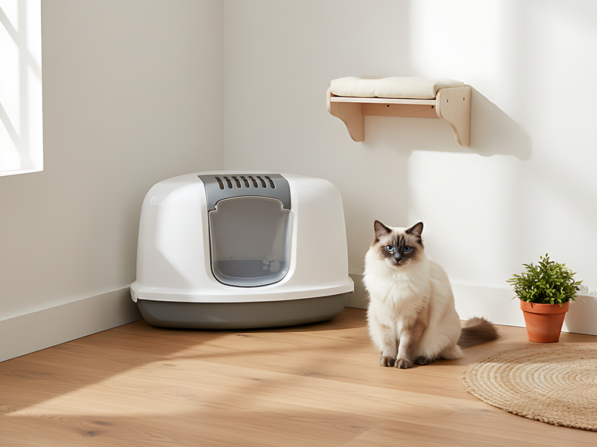 Nestor Corner Cool Grey – Space-Saving Cat Litter Box Savic Nestor Corner Cool Grey triangular cat litter box with white hood and folding front in home setting with cat