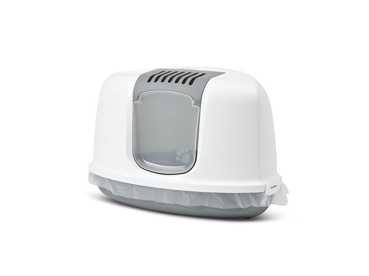 Nestor Corner Cool Grey – Space-Saving Cat Litter Box Savic Nestor Corner Cool Grey triangular cat litter box with white hood and folding front with Bag It Up Maxi liners