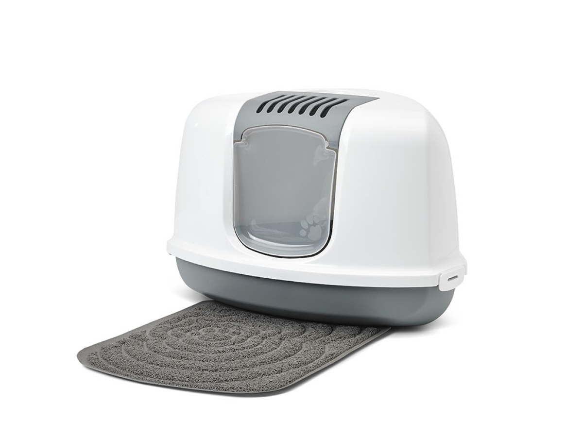 Nestor Corner Cool Grey – Space-Saving Cat Litter Box Savic Nestor Corner Cool Grey triangular cat litter box with white hood and folding front with Litter Tray Mat Nestor Corner