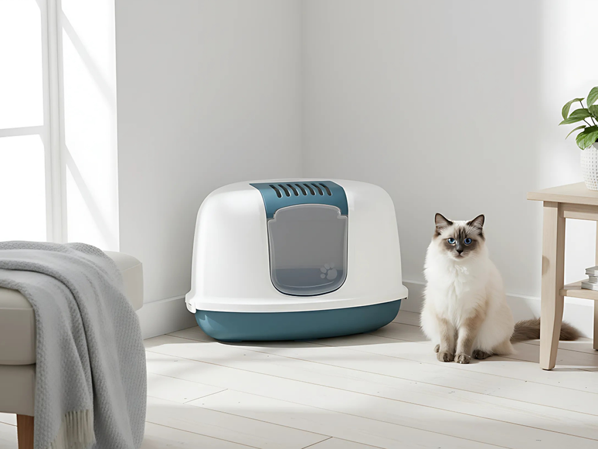 Savic Nestor Corner Bluestone triangular cat litter box with folding front and white hood in home setting with cat