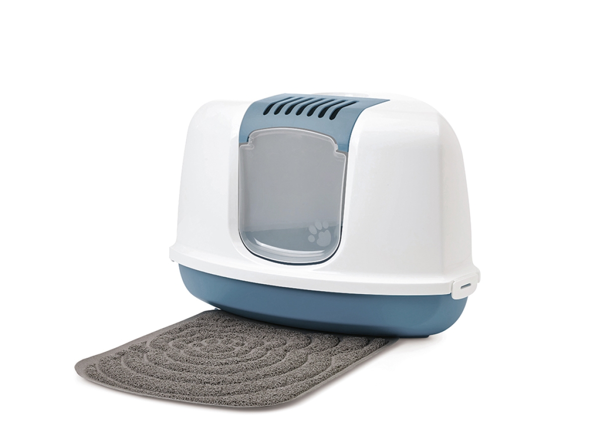 Savic Nestor Corner Bluestone triangular cat litter box with folding front and white hood with Litter Tray Mat Nestor Corner