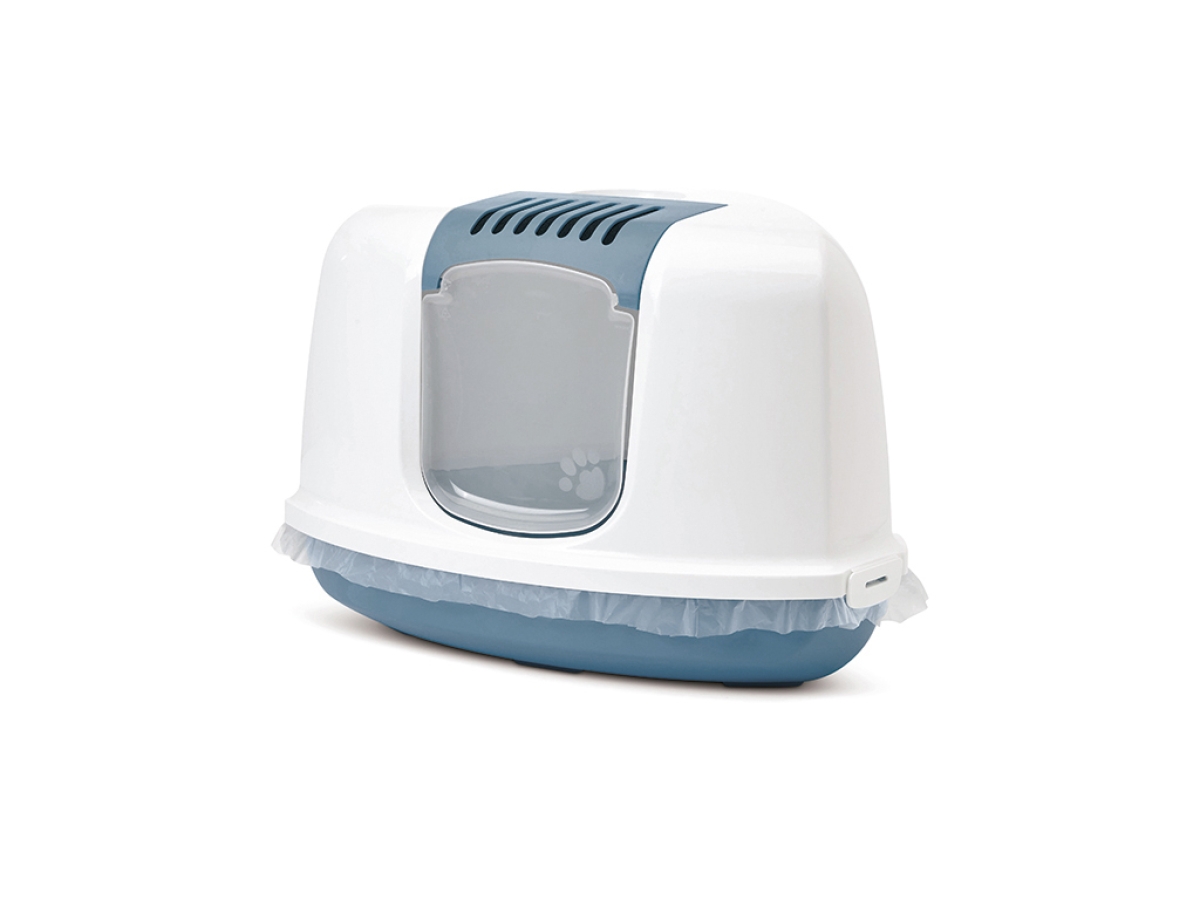 Savic Nestor Corner Bluestone triangular cat litter box with folding front and white hood with Bag It Up Maxi liners