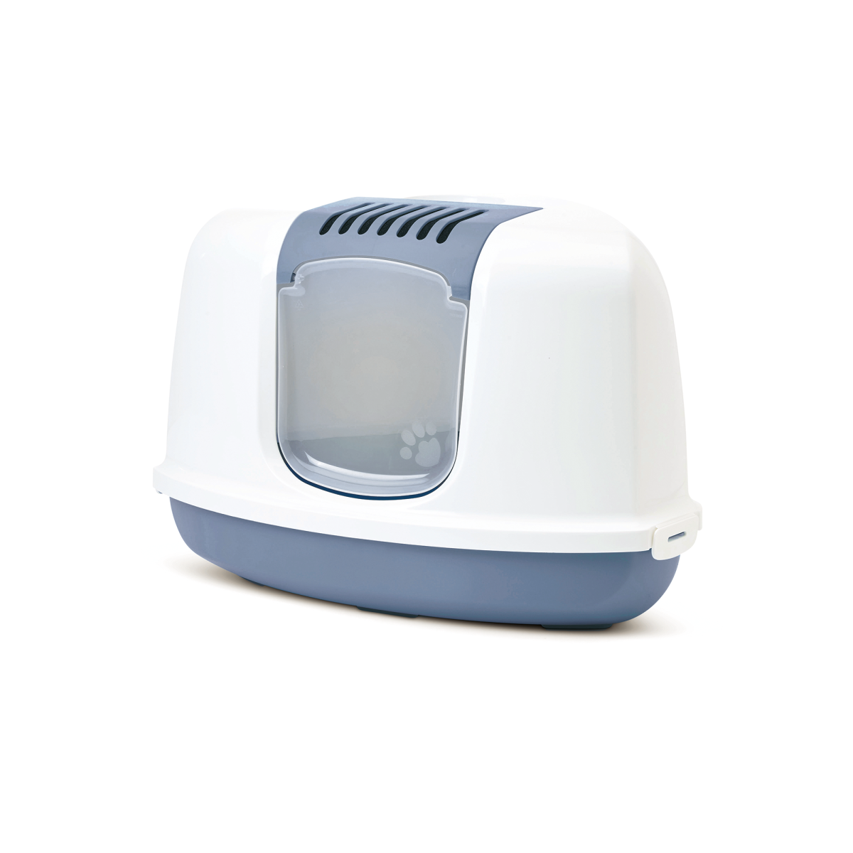 Savic Nestor Corner Bluestone triangular cat litter box with folding front and white hood