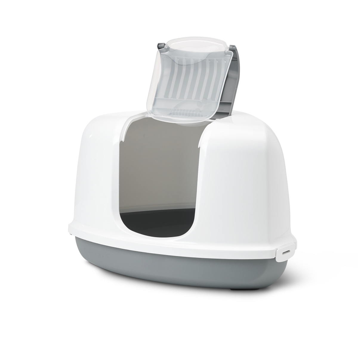 Nestor Corner Cool Grey – Space-Saving Cat Litter Box Savic Nestor Corner Cool Grey triangular cat litter box with white hood and folding front, front open