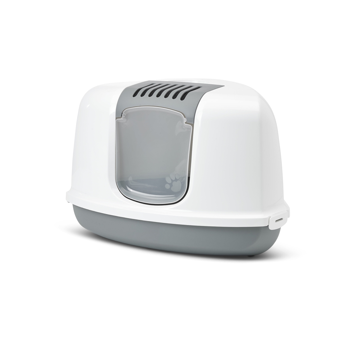 Nestor Corner Cool Grey – Space-Saving Cat Litter Box Savic Nestor Corner Cool Grey triangular cat litter box with white hood and folding front