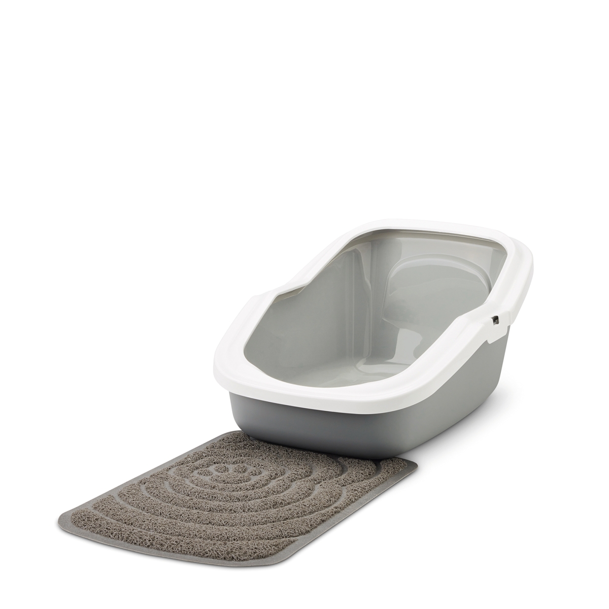 Aseo Cool Grey High-Back Cat Litter Tray – Easy to Clean Savic Aseo Cool Grey high-back cat litter tray with white rim and raised back with litter tray Aseo