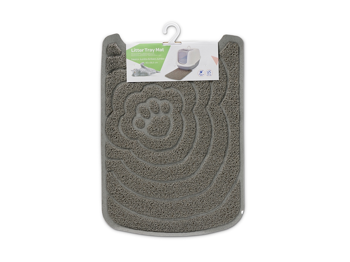 Front view of Savic Litter Tray Mat in grey – PVC mat for Nestor Jumbo and Aseo Jumbo cat litter boxes with packaging