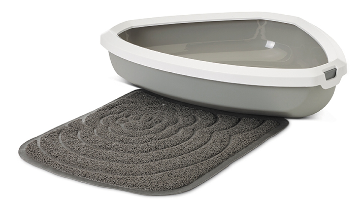 Rincon Cool Grey – Space-Saving Cat Litter Tray Savic Rincon cat litter tray in Cool Grey – triangular corner tray with white rim and Litter Tray Mat Nestor Corner-Rincon