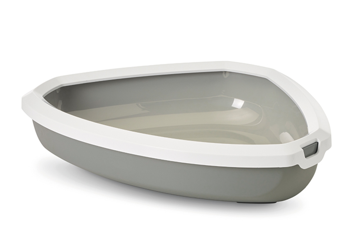 Rincon Cool Grey – Space-Saving Cat Litter Tray Savic Rincon cat litter tray in Cool Grey – triangular corner tray with white rim.