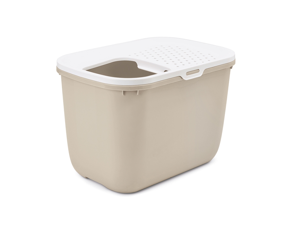 Savic Hop In Mocha top-entry cat litter tray with perforated white lid and warm mocha base