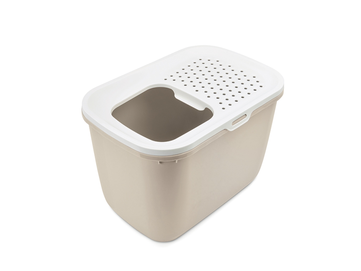 Top view of Savic Hop In Mocha top-entry cat litter tray with perforated white lid and warm mocha base