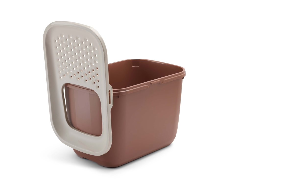 Savic Hop In Tuscan Red top-entry cat litter tray with champagne lid and perforated top, lid taken off for cleaning