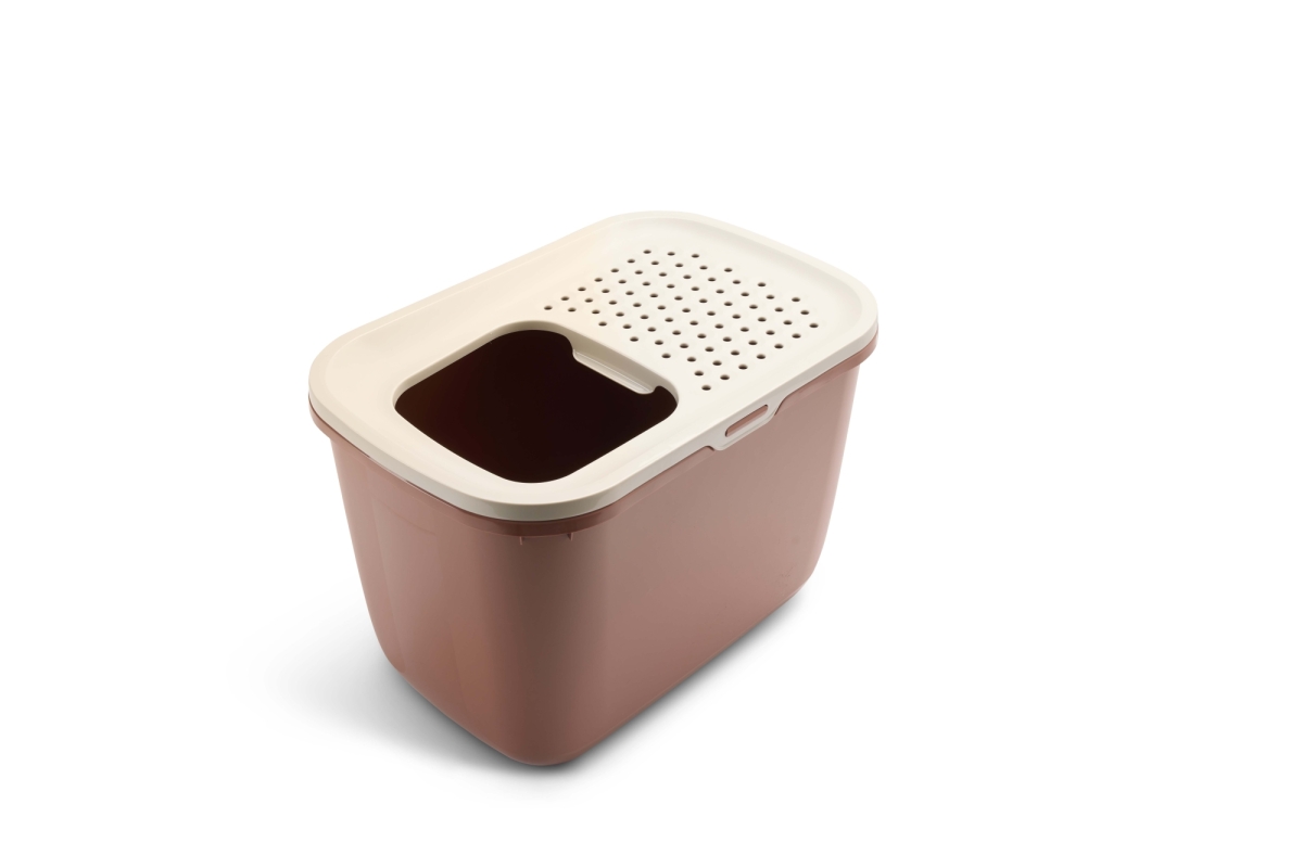 Top view of Savic Hop In Tuscan Red top-entry cat litter tray with champagne lid and perforated top