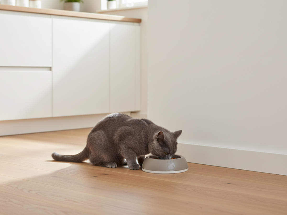Grey cat eating from the Delice Cat bowl on a light wooden floor in a modern kitchen