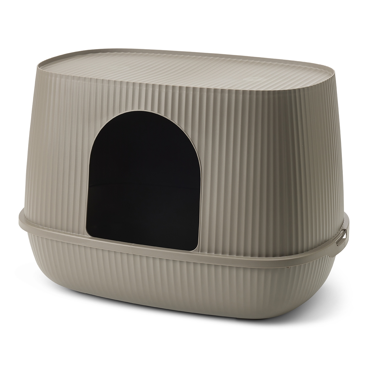 Savic Moona warm grey hooded cat litter box with rounded shape, ribbed surface and front door opening.