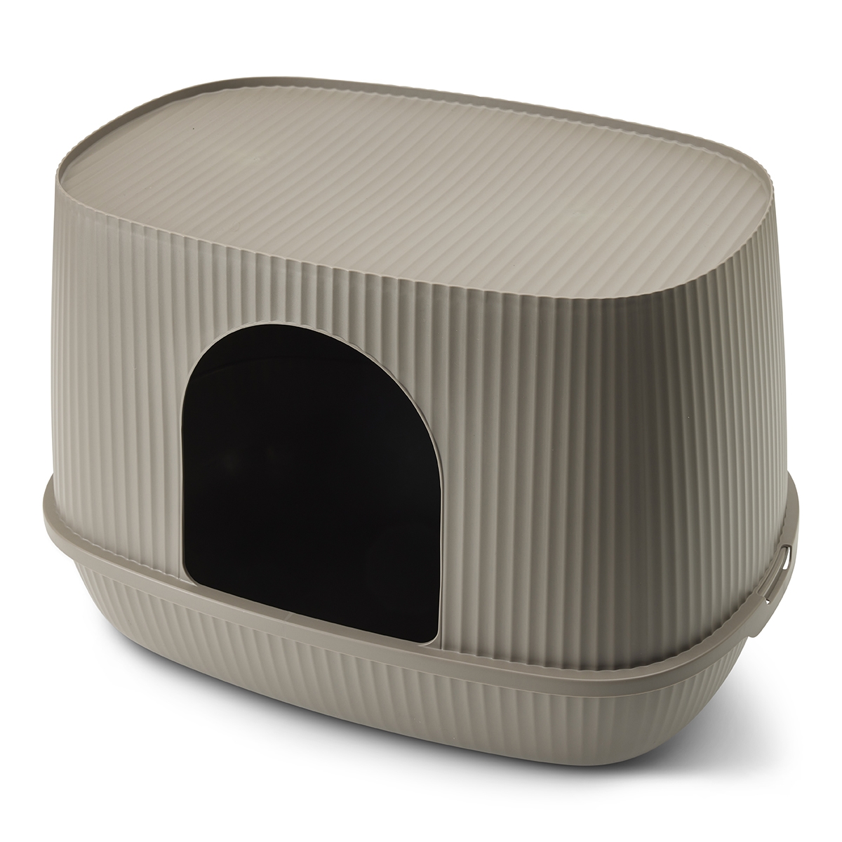 Savic Moona warm grey hooded cat litter box with rounded shape, ribbed surface and front door opening.