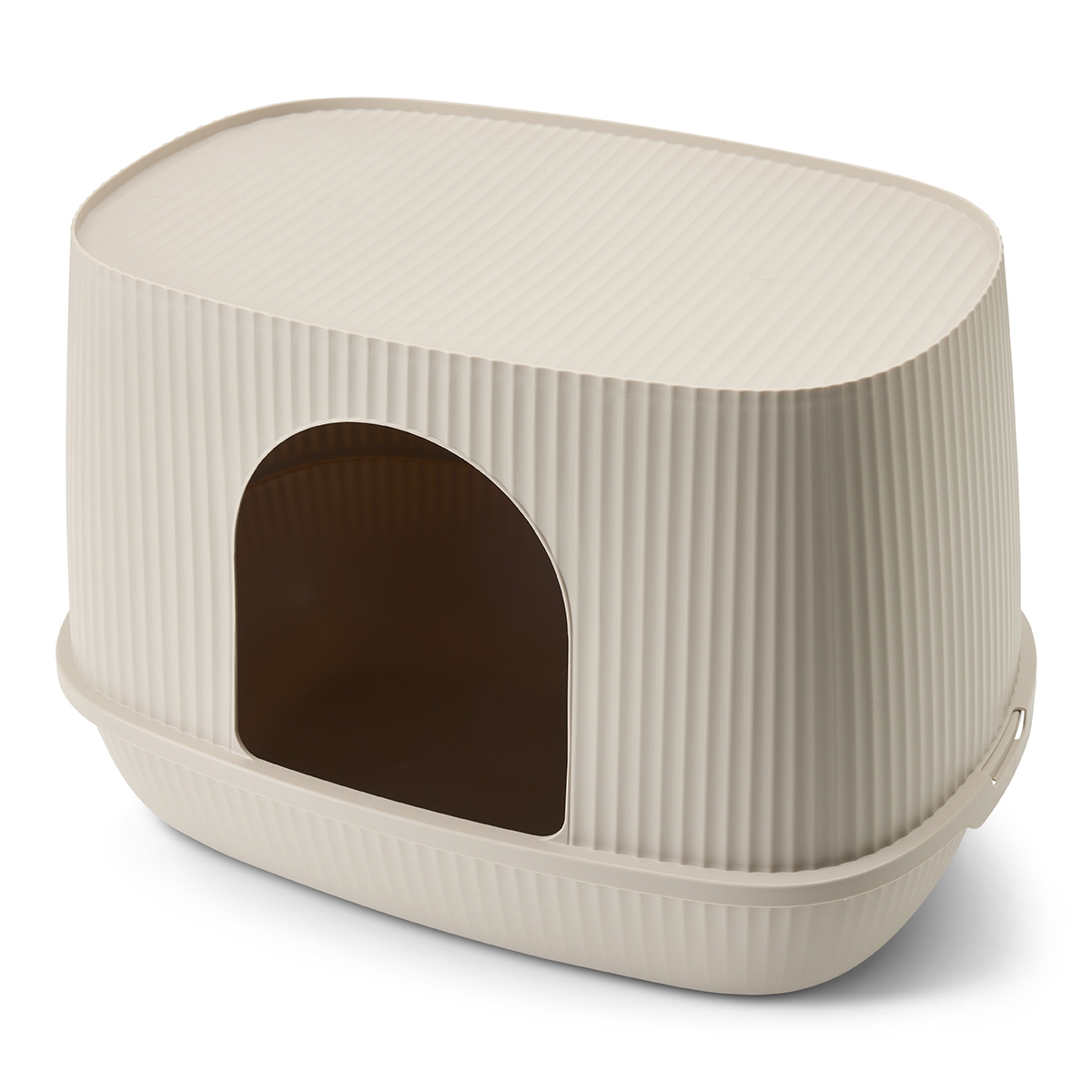 Savic Moona hooded cat litter box in mocha, rounded shape with ribbed surface and front door opening.