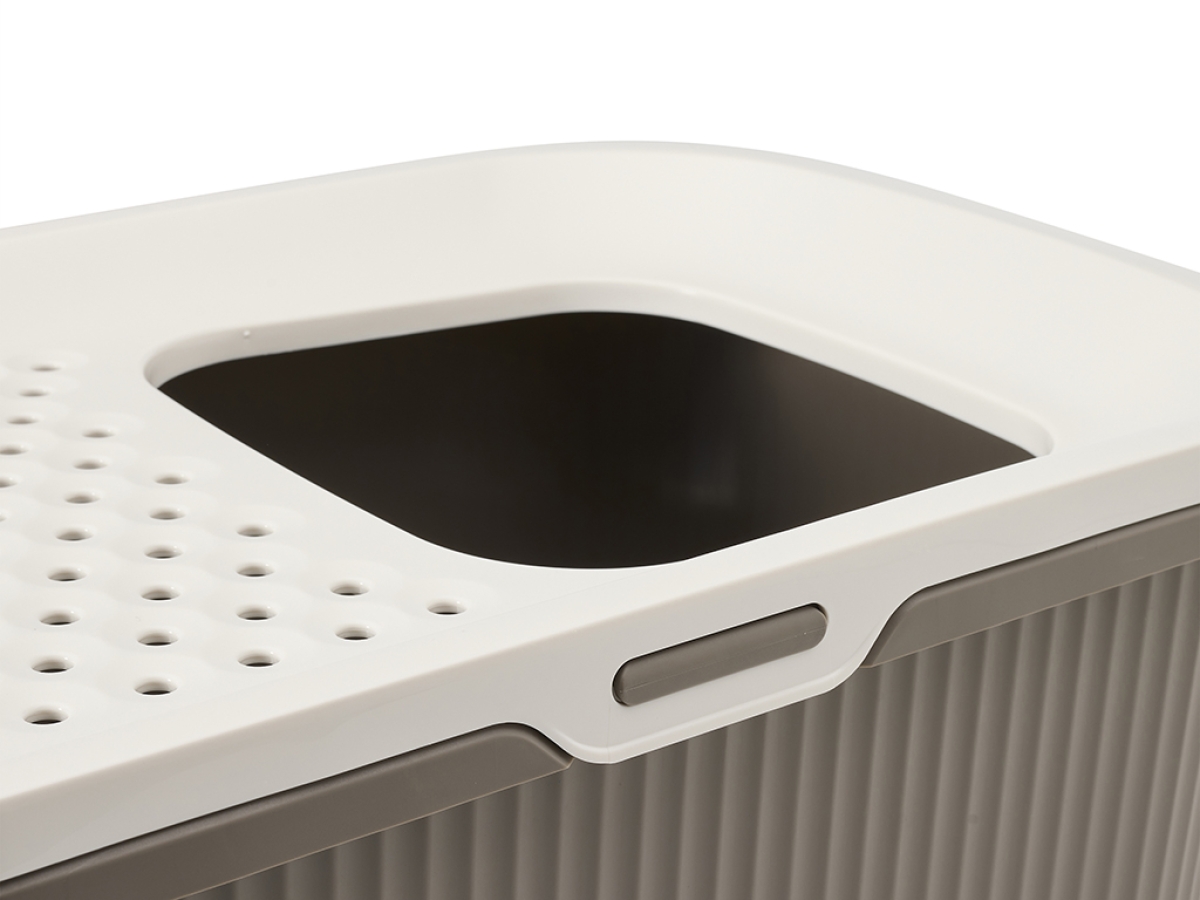 Savic Ease-In warm grey cat litter tray with top entry and front door, ribbed sides and built-in litter grid.