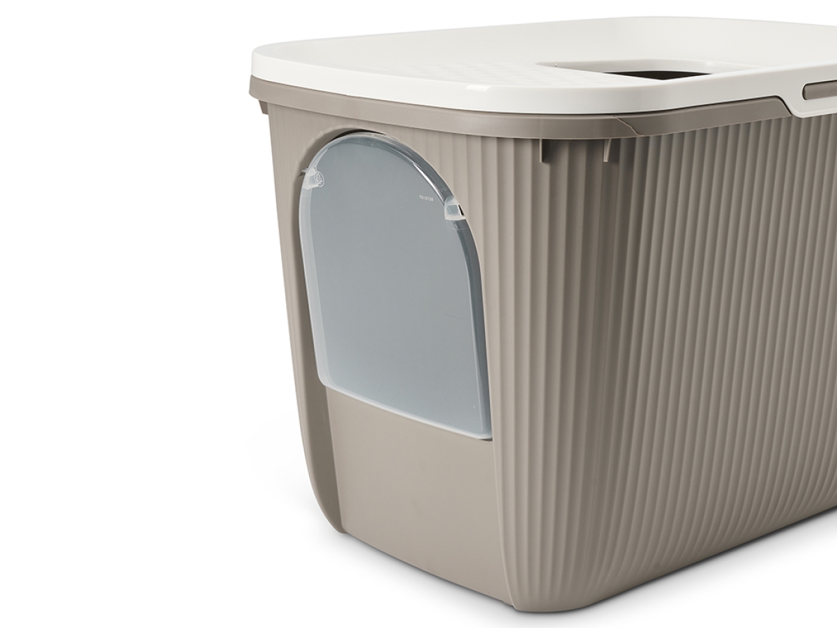 Savic Ease-In warm grey cat litter tray with top entry and front door, ribbed sides and built-in litter grid.