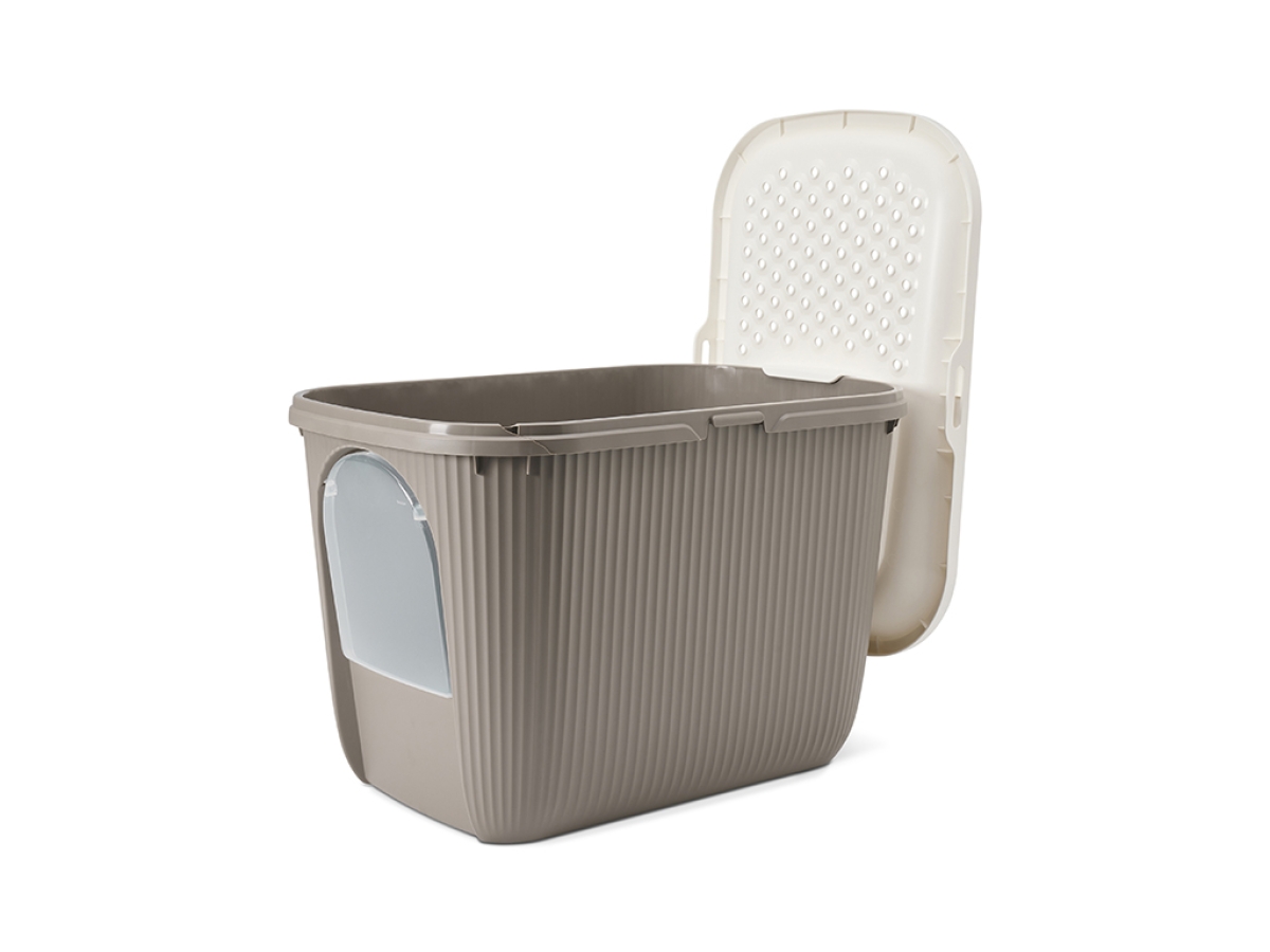 Savic Ease-In warm grey cat litter tray with top entry and front door, ribbed sides and built-in litter grid.