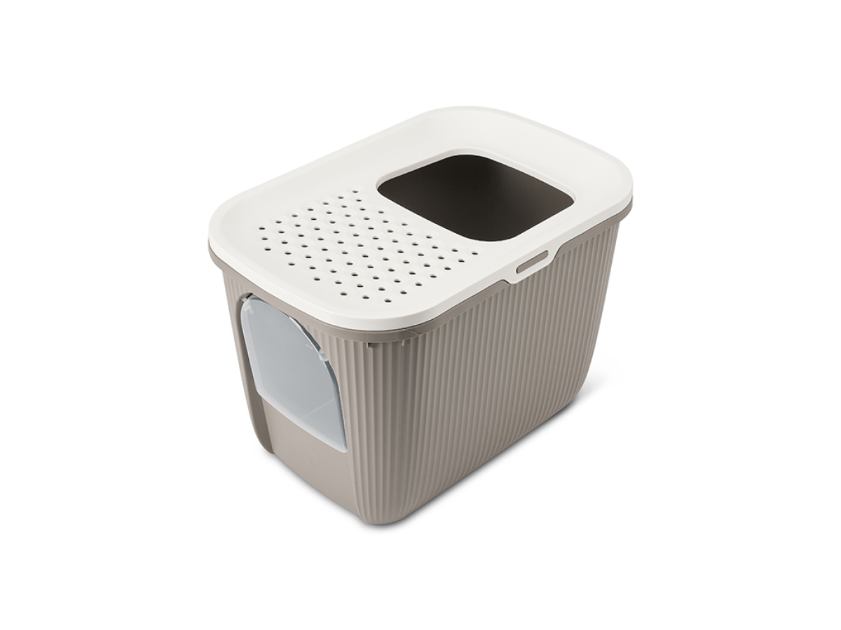 Savic Ease-In warm grey cat litter tray with top entry and front door, ribbed sides and built-in litter grid.