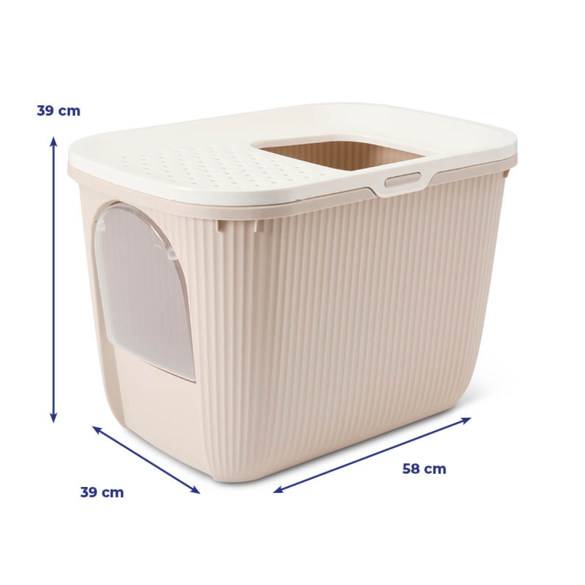 Savic Ease-In mocha cat litter tray with top entry and front door, ribbed sides and built-in litter grid.
