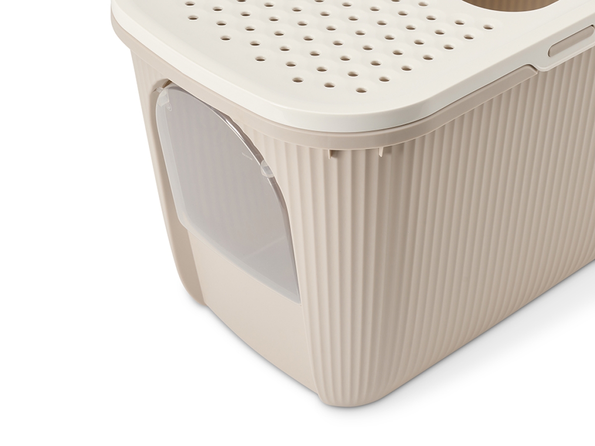 Savic Ease-In mocha cat litter tray with top entry and front door, ribbed sides and built-in litter grid.