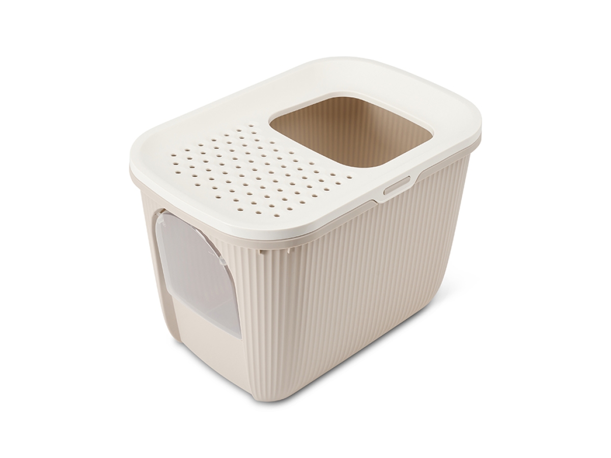 Savic Ease-In mocha cat litter tray with top entry and front door, ribbed sides and built-in litter grid.
