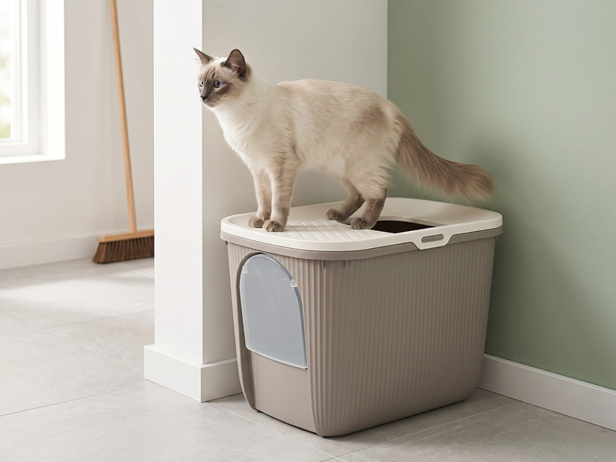 Savic Ease-In warm grey cat litter tray with top entry and front door, ribbed sides and built-in litter grid.