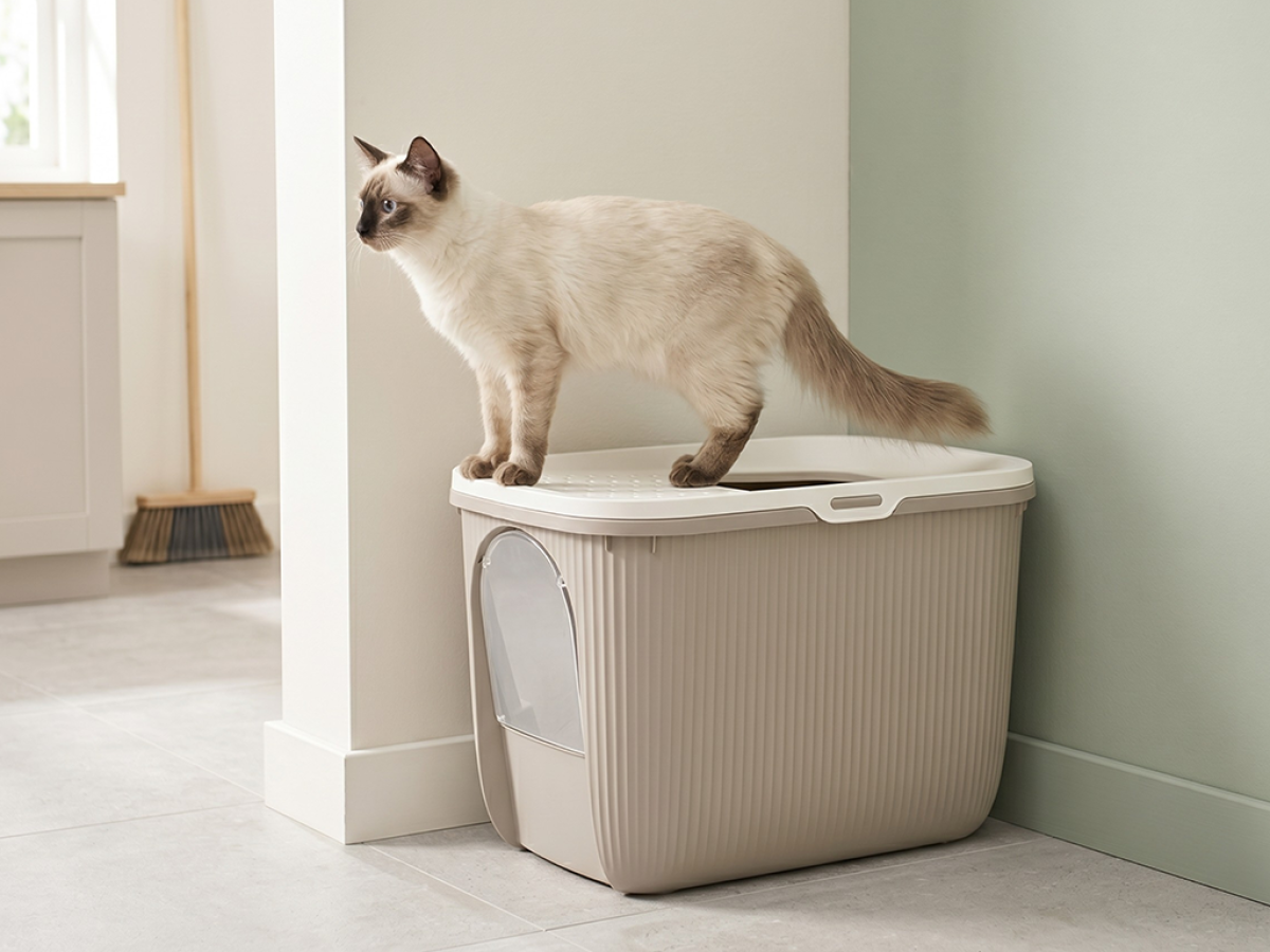 Savic Ease-In mocha cat litter tray with top entry and front door, ribbed sides and built-in litter grid.