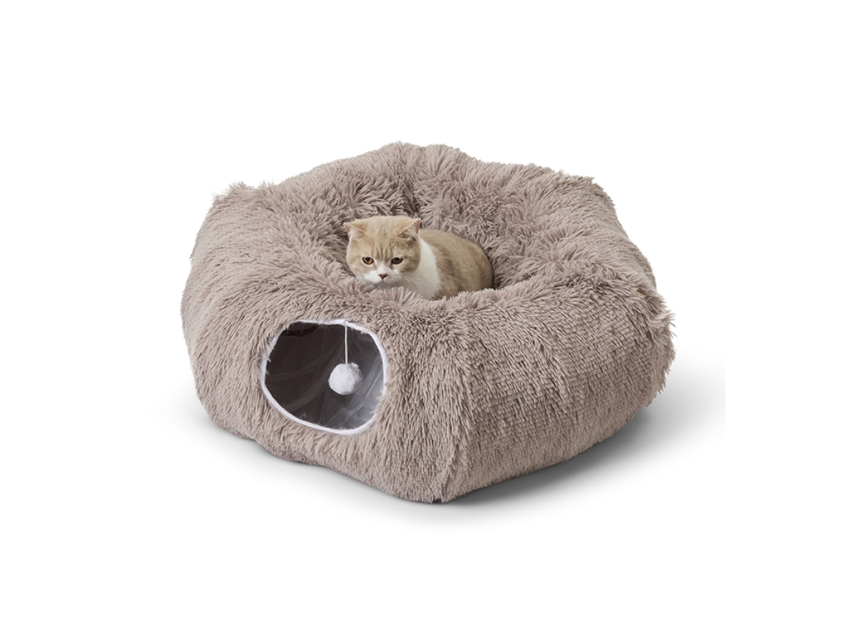 Savic Snuggle Tunnel Warm Grey, shown in donut shape with cushion and two entrances