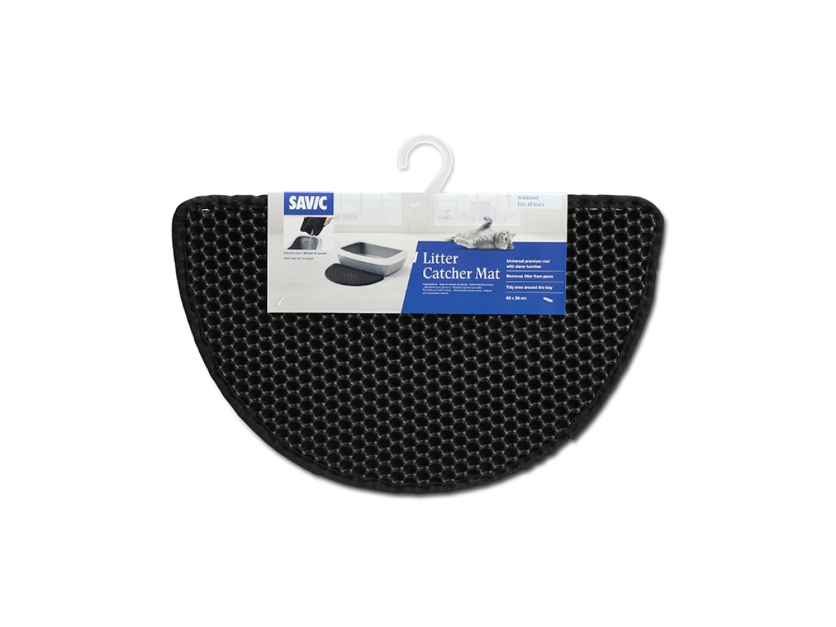 Savic Litter Catcher Mat Standard Black, shown flat with honeycomb surface near litter tray